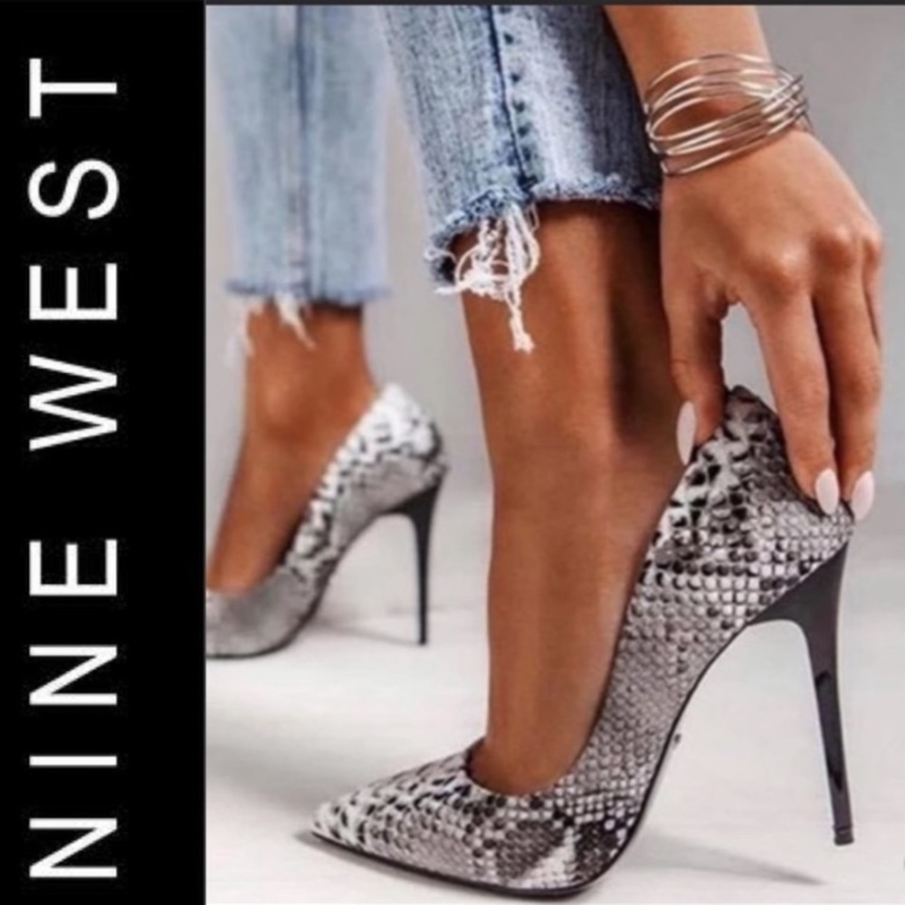 Sexy Snakeskin Pumps Nine West Pointed Toe Heels Luxury Black Taupe Size 8.5